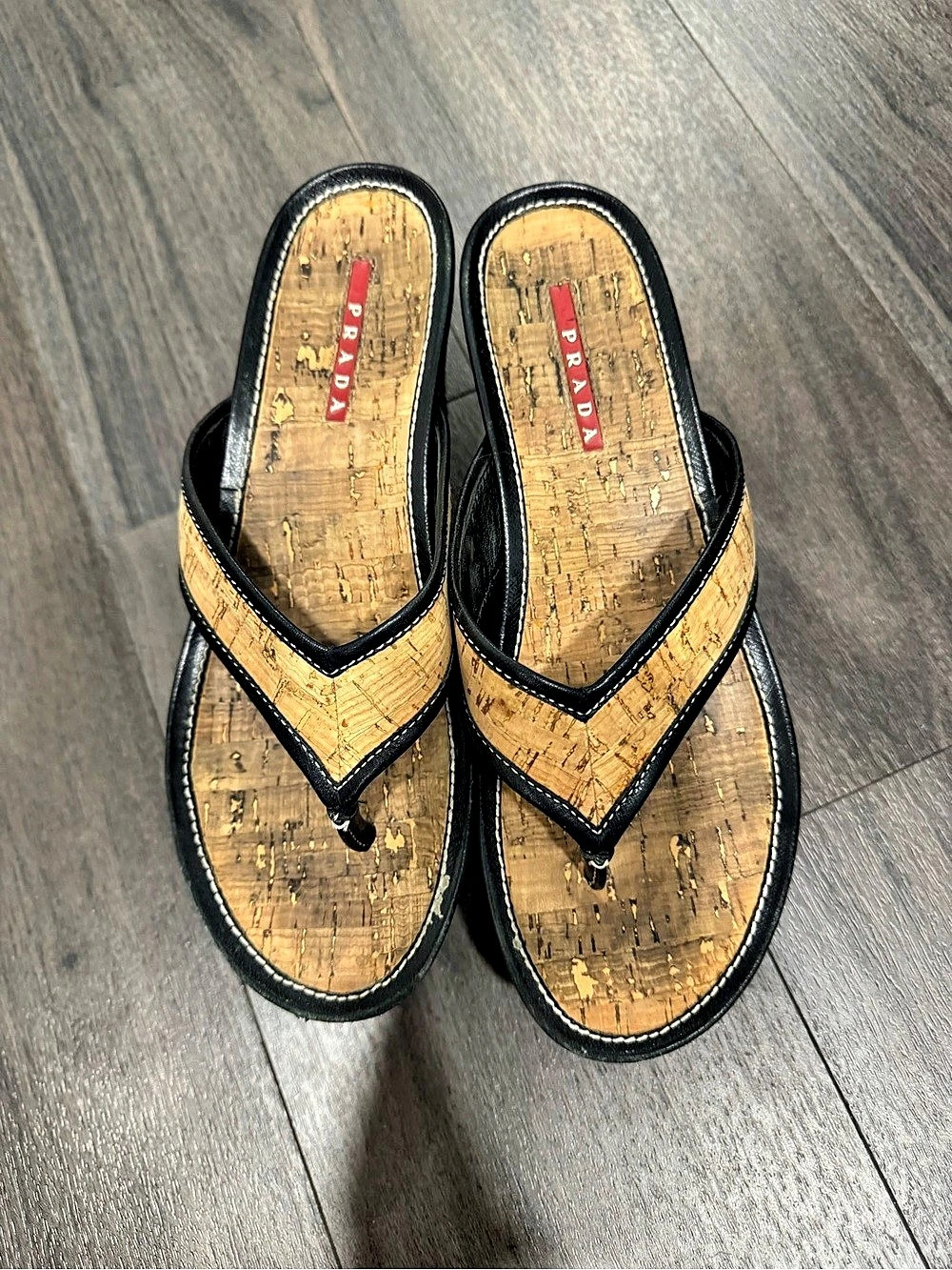 Prada Vintage Cork Platform Wedge Thong Sandals Black & Brown US 7.5